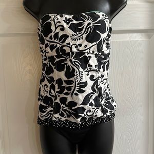 TWO PIECE SWIM SUIT -Bikini top- White with black leaves  Bottoms- solid black